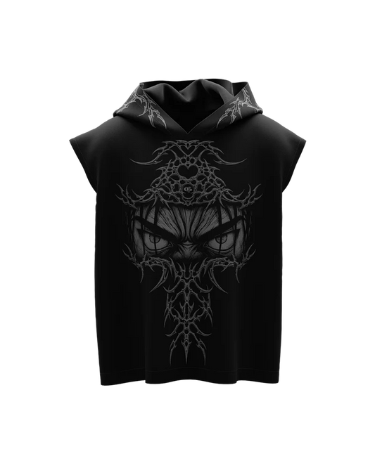 EREN Gaze Black Boxy Sleeveless Hoodie