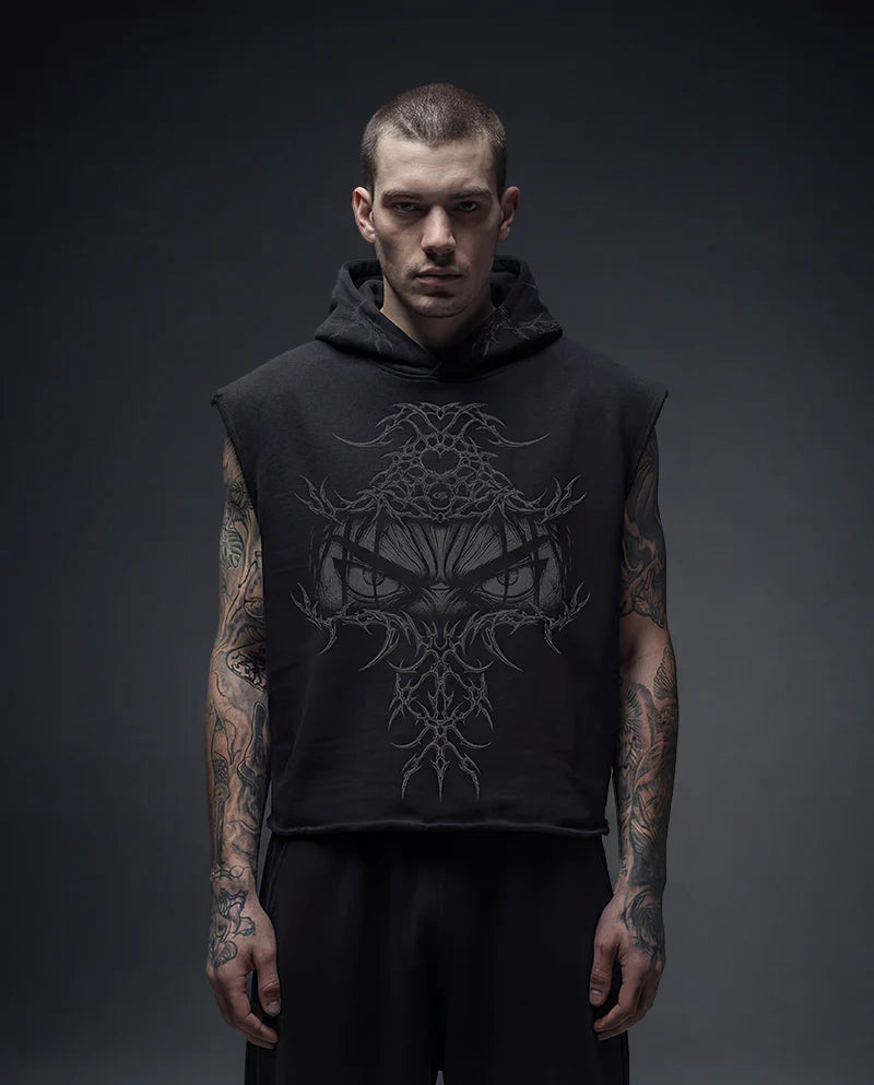 EREN Gaze Black Boxy Sleeveless Hoodie