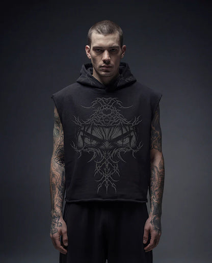 EREN Gaze Black Boxy Sleeveless Hoodie