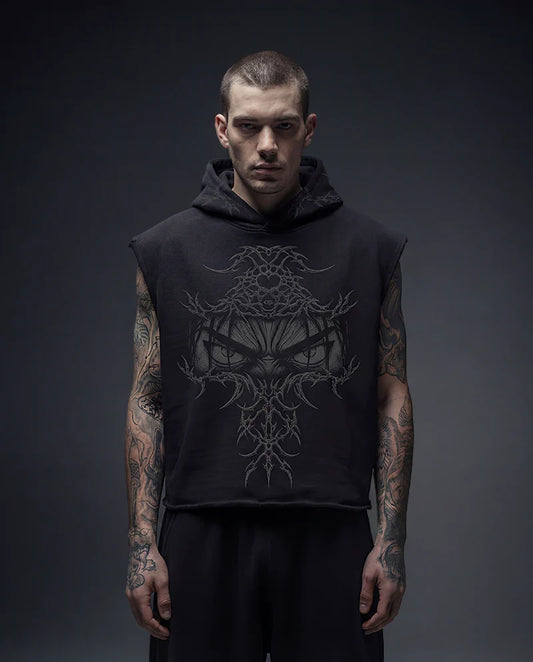 EREN Gaze Black Boxy Sleeveless Hoodie