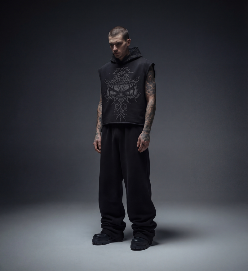 EREN Gaze Black Boxy Sleeveless Hoodie